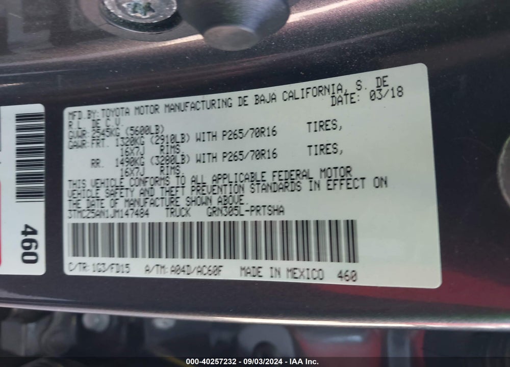 2018 TOYOTA TACOMA TRD OFF ROAD VIN: 3TMCZ5AN1JM147484