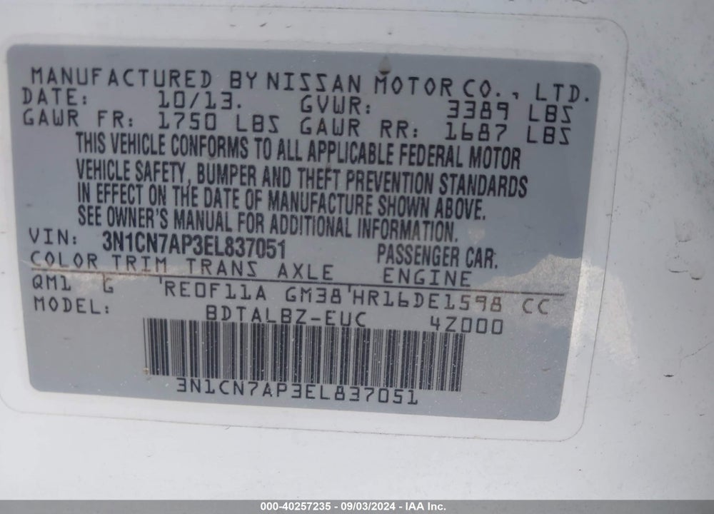 2014 NISSAN VERSA 1.6 SV VIN: 3N1CN7AP3EL837051