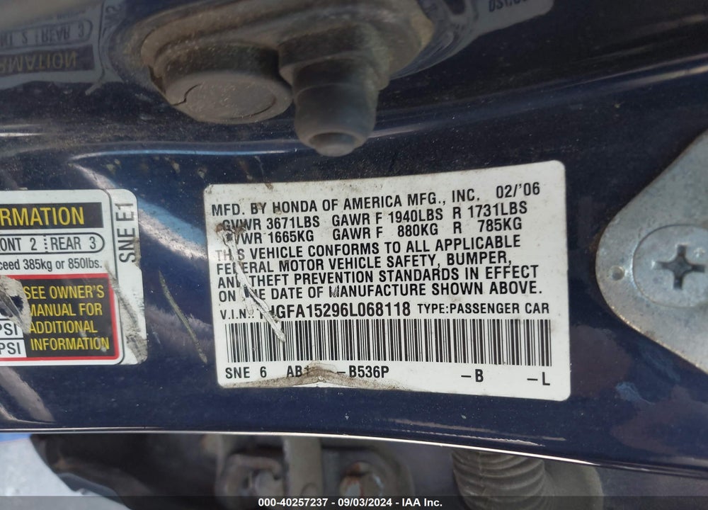 2006 HONDA CIVIC DX VIN: 1HGFA15296L068118