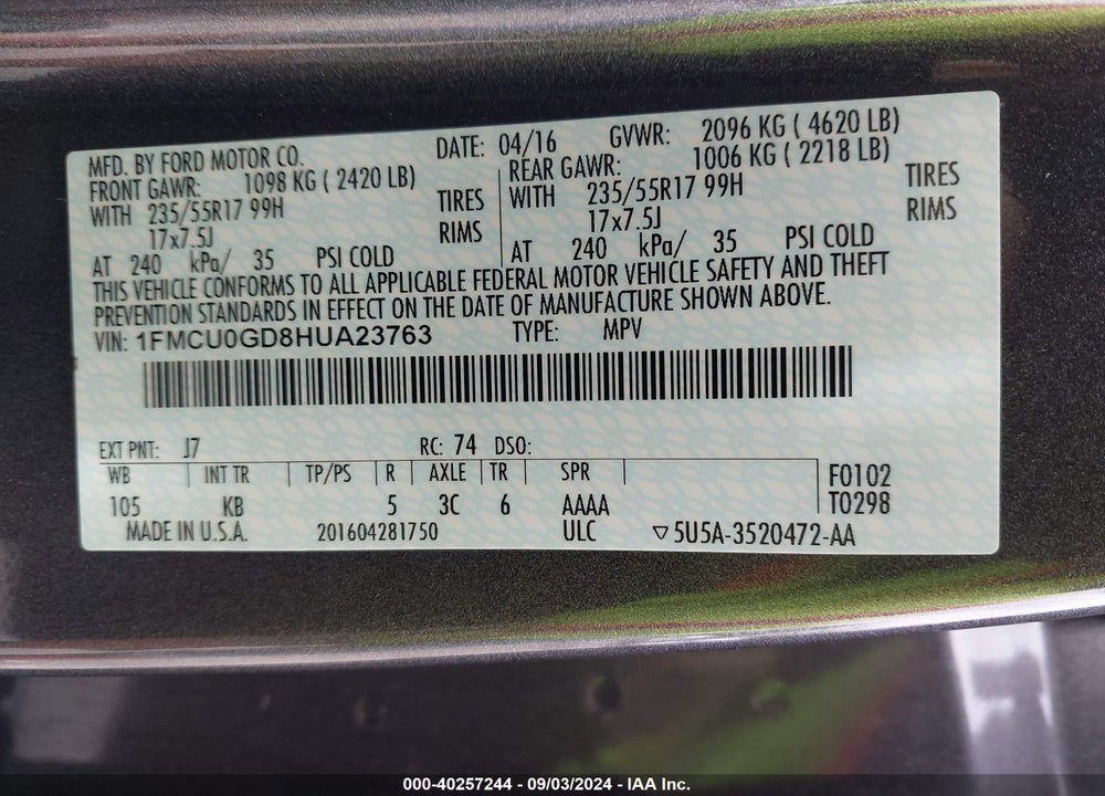 2017 FORD ESCAPE SE VIN: 1FMCU0GD8HUA23763