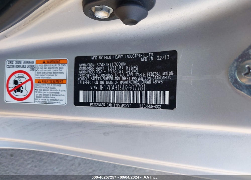 2013 SUBARU BRZ PREMIUM VIN: JF1ZCAB15D2607781