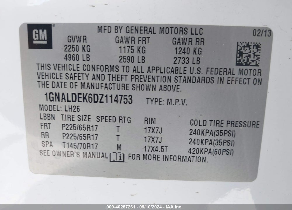 2013 CHEVROLET EQUINOX 1LT VIN: 1GNALDEK6DZ114753