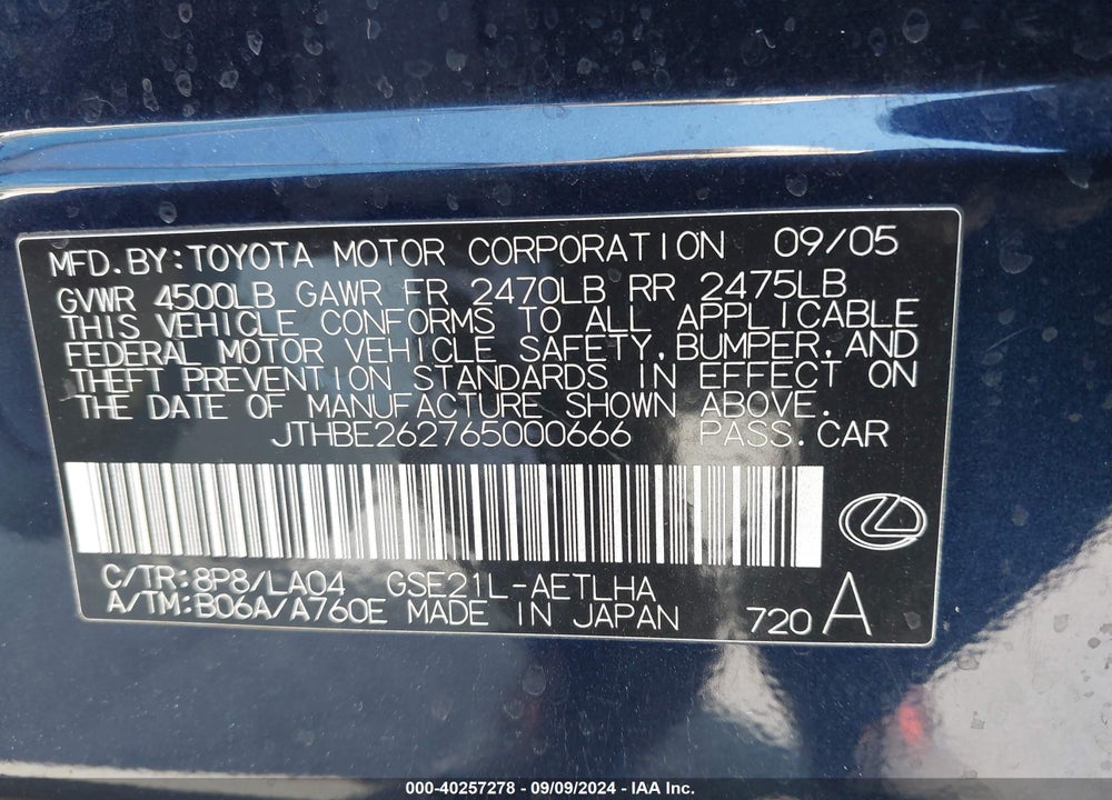 2006 LEXUS IS 350 VIN: JTHBE262765000666