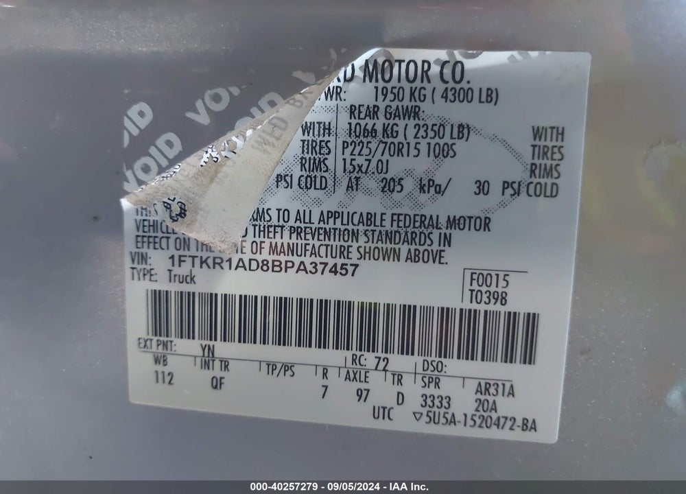 2011 FORD RANGER XL VIN: 1FTKR1AD8BPA37457