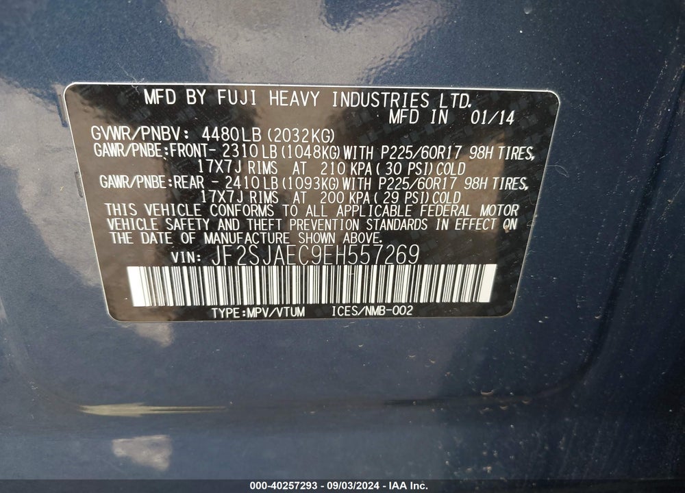 2014 SUBARU FORESTER VIN: JF2SJAEC9EH557269