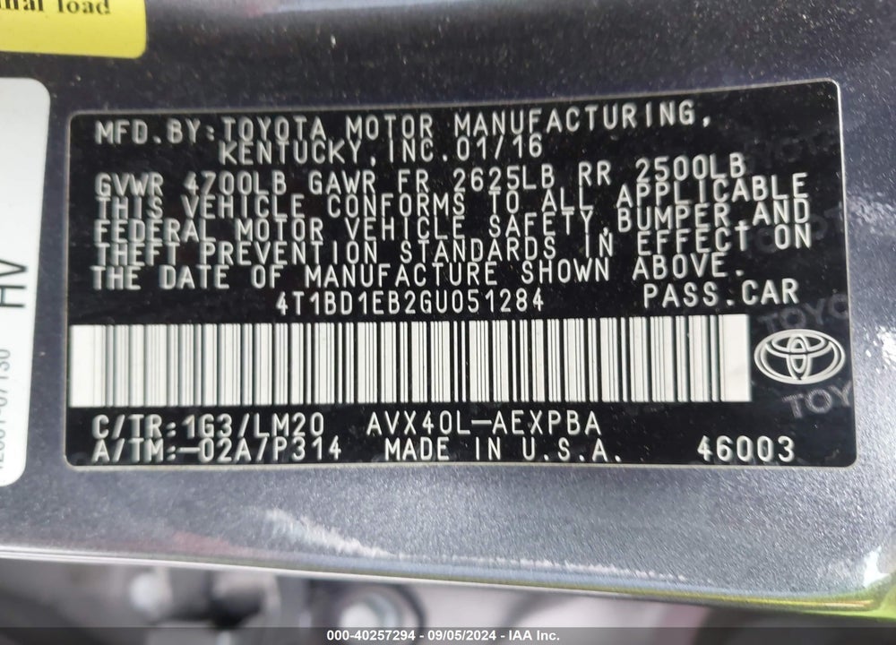 2016 TOYOTA AVALON HYBRID LIMITED VIN: 4T1BD1EB2GU051284