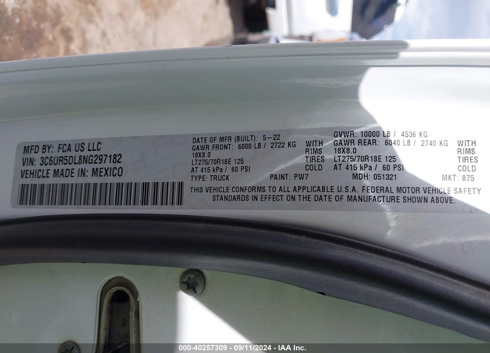 2022 RAM 2500 BIG HORN 4X4 6'4 BOX VIN: 3C6UR5DL8NG297182