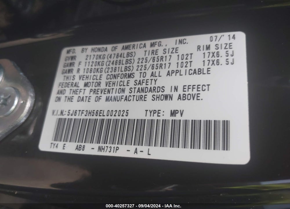 2014 HONDA CROSSTOUR EX-L VIN: 5J6TF3H56EL002025