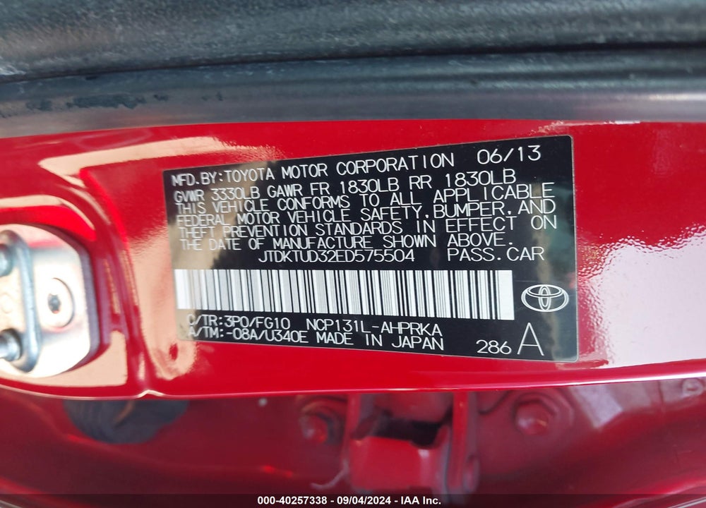 2014 TOYOTA YARIS LE (TMC/CBU PLANT) VIN: JTDKTUD32ED575504