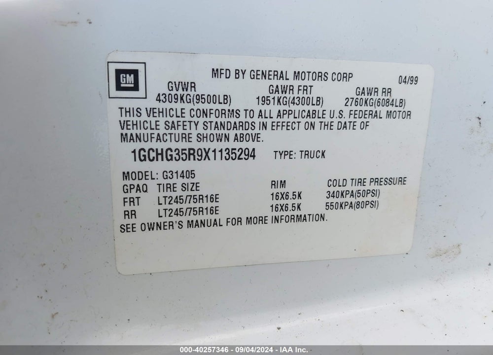 1999 CHEVROLET EXPRESS VIN: 1GCHG35R9X1135294