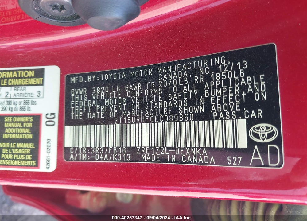 2014 TOYOTA COROLLA LE VIN: 2T1BURHE0EC089860