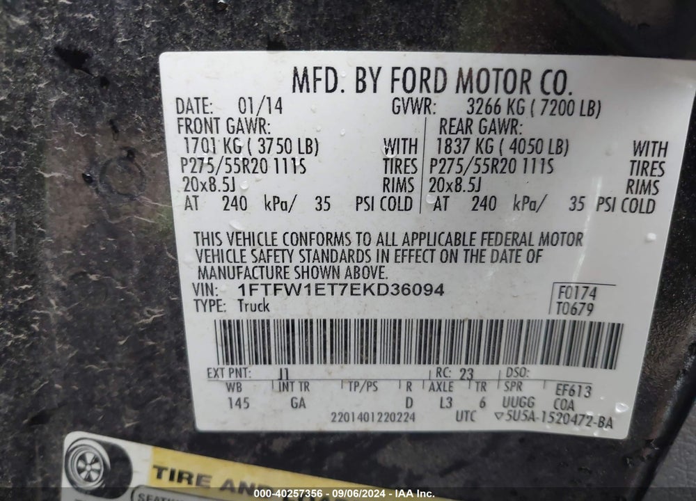 2014 FORD F-150 XLT VIN: 1FTFW1ET7EKD36094