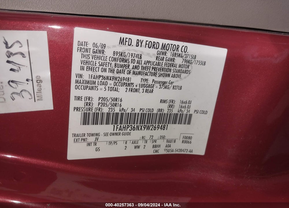 2009 FORD FOCUS SES VIN: 1FAHP36NX9W269481
