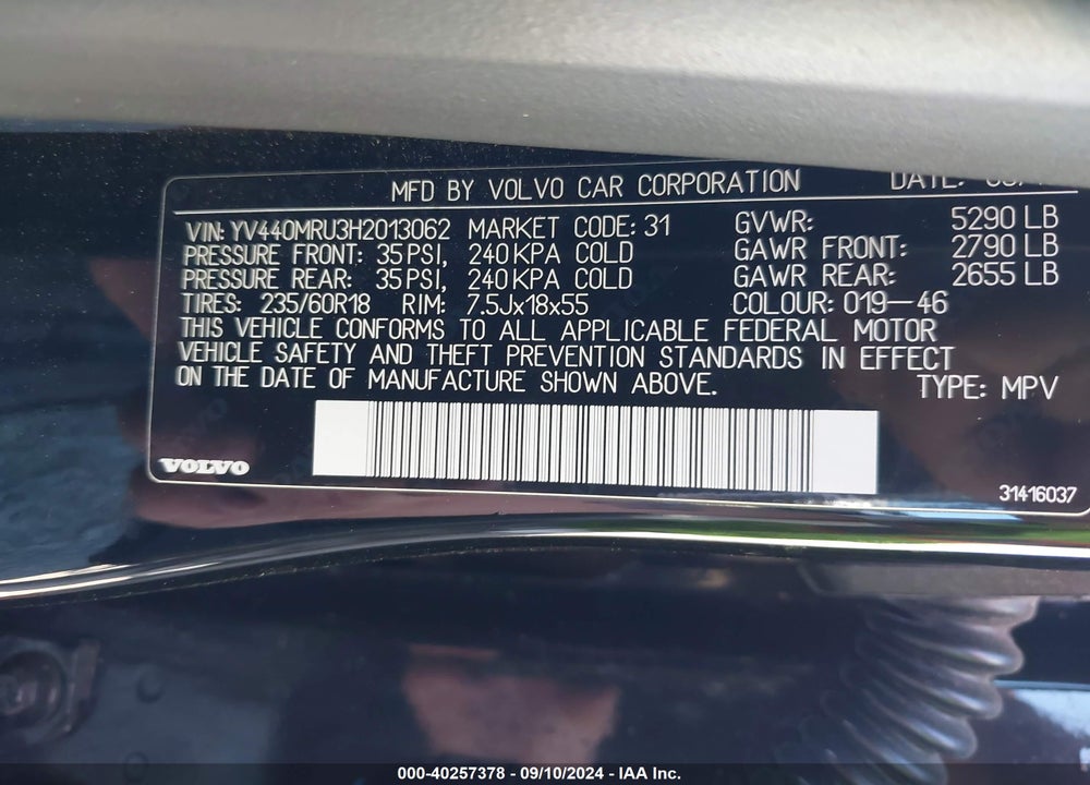 2017 VOLVO XC60 T5 INSCRIPTION VIN: YV440MRU3H2013062