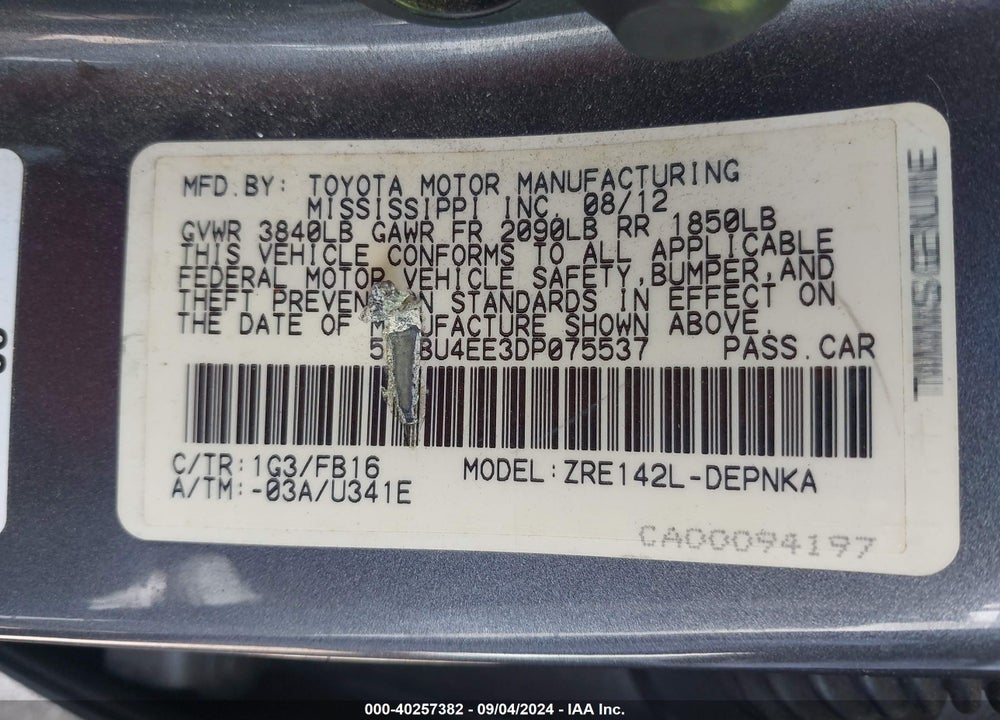 2013 TOYOTA COROLLA LE VIN: 5YFBU4EE3DP075537