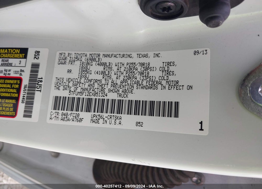 2014 TOYOTA TUNDRA SR5 4.6L V8 VIN: 5TFUM5F12EX051324