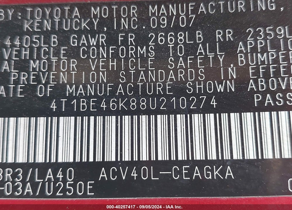 2008 TOYOTA CAMRY XLE VIN: 4T1BE46K88U210274