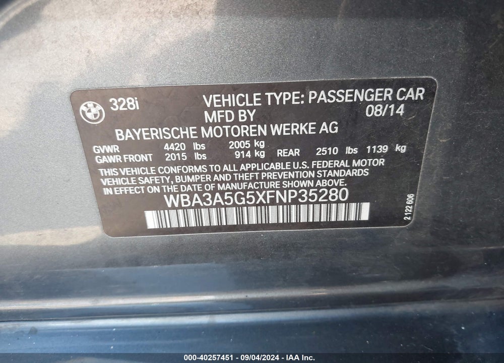 2015 BMW 328I VIN: WBA3A5G5XFNP35280