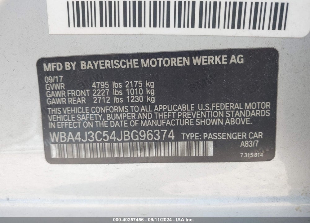 2018 BMW 430I GRAN COUPE XDRIVE VIN: WBA4J3C54JBG96374
