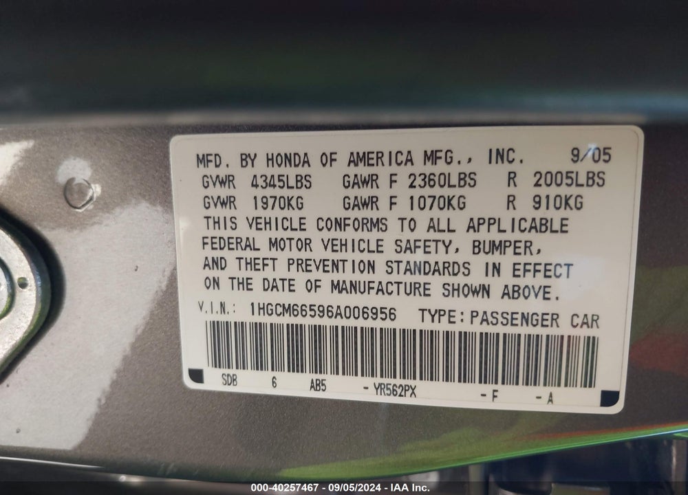 2006 HONDA ACCORD 3.0 EX VIN: 1HGCM66596A006956