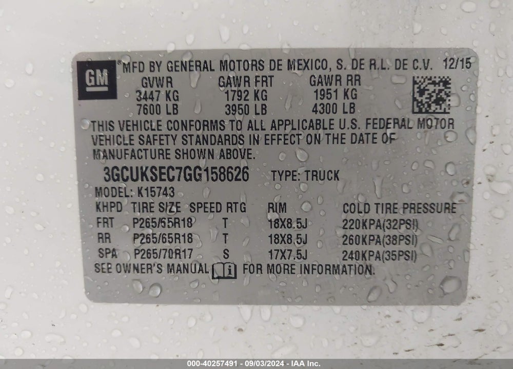 2016 CHEVROLET SILVERADO 1500 1LZ VIN: 3GCUKSEC7GG158626