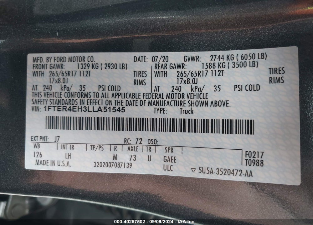 2020 FORD RANGER XLT VIN: 1FTER4EH3LLA51545