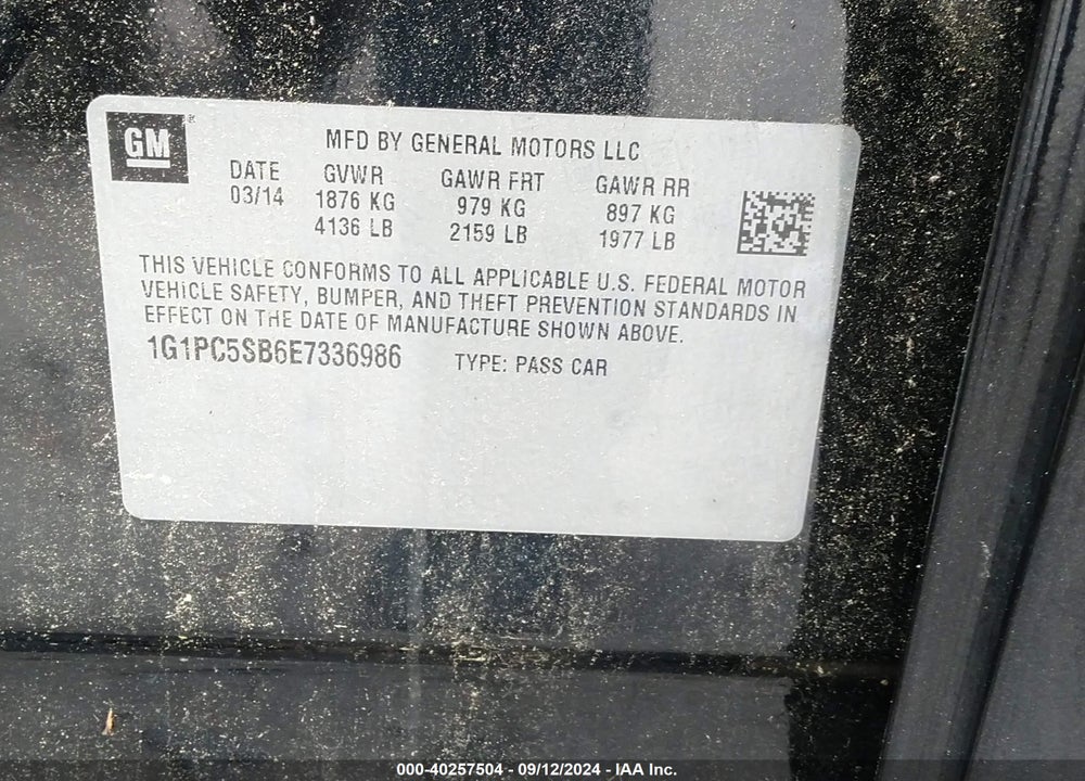 2014 CHEVROLET CRUZE 1LT AUTO VIN: 1G1PC5SB6E7336986