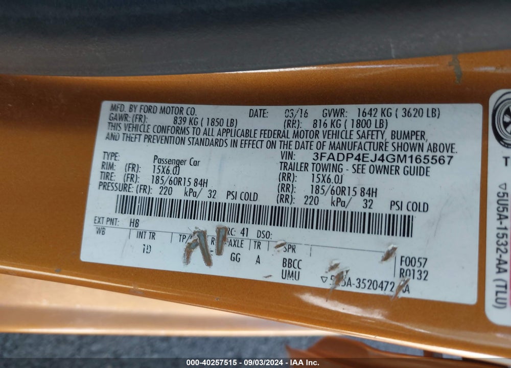 2016 FORD FIESTA VIN: 3FADP4EJ4GM165567