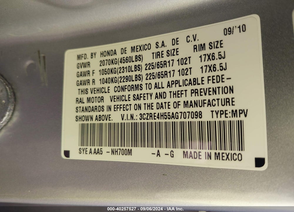 2010 HONDA CR-V EX VIN: 3CZRE4H55AG707098
