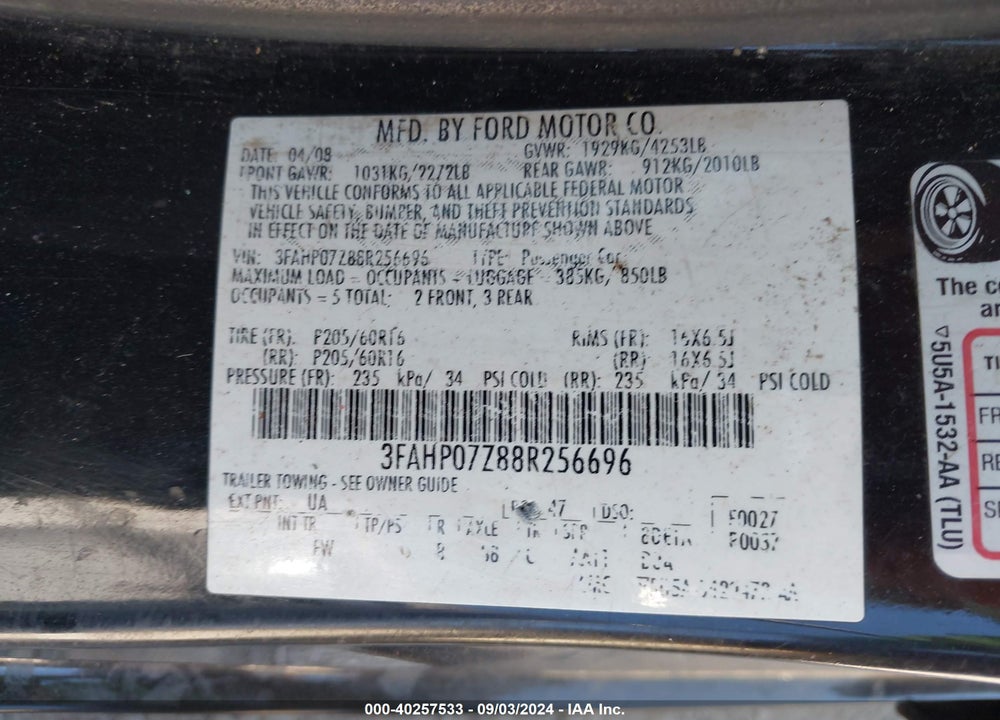 2008 FORD FUSION SE VIN: 3FAHP07Z88R256696