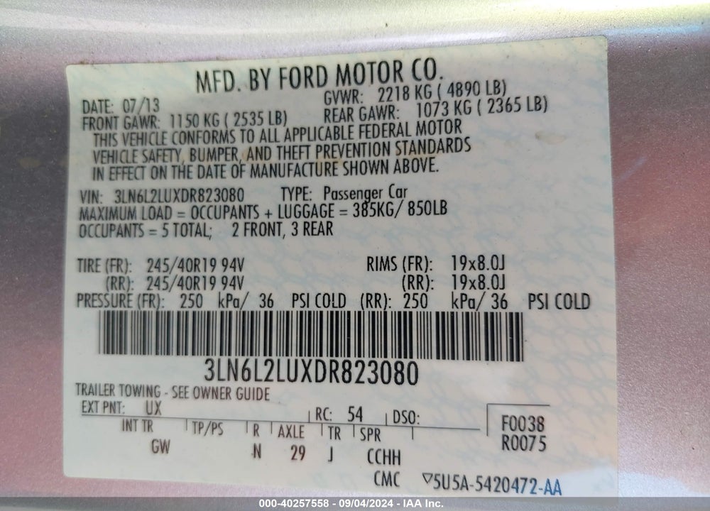 2013 LINCOLN MKZ HYBRID VIN: 3LN6L2LUXDR823080
