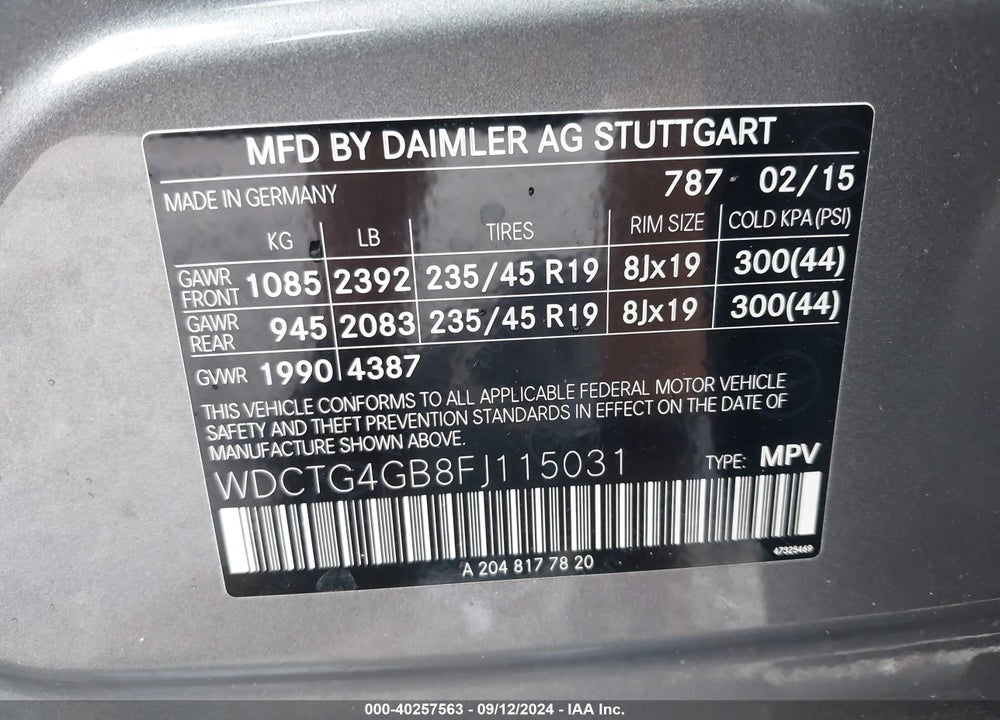 2015 MERCEDES-BENZ GLA-CLASS GLA 250 VIN: WDCTG4GB8FJ115031
