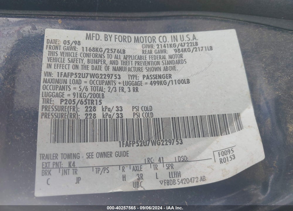 1998 FORD TAURUS LX/SE VIN: 1FAFP52U7WG229753