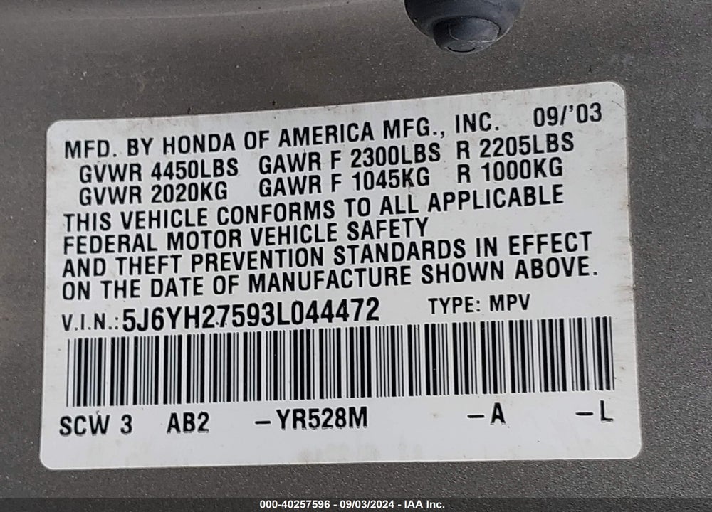 2003 HONDA ELEMENT VIN: 5J6YH27593L044472