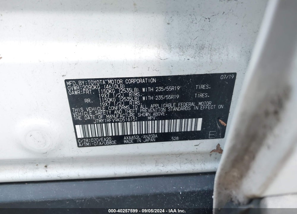 2019 TOYOTA RAV4 LIMITED VIN: JTMY1RFV9KD516151