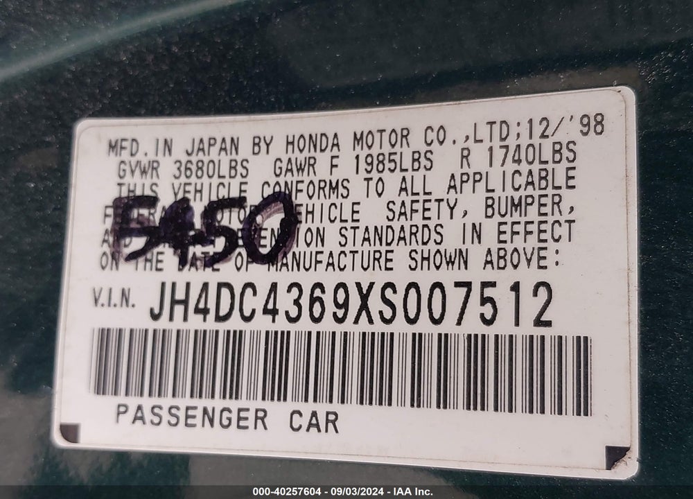 1999 ACURA INTEGRA GS VIN: JH4DC4369XS007512