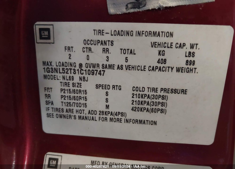 2001 OLDSMOBILE ALERO GL1 VIN: 1G3NL52T31C109747