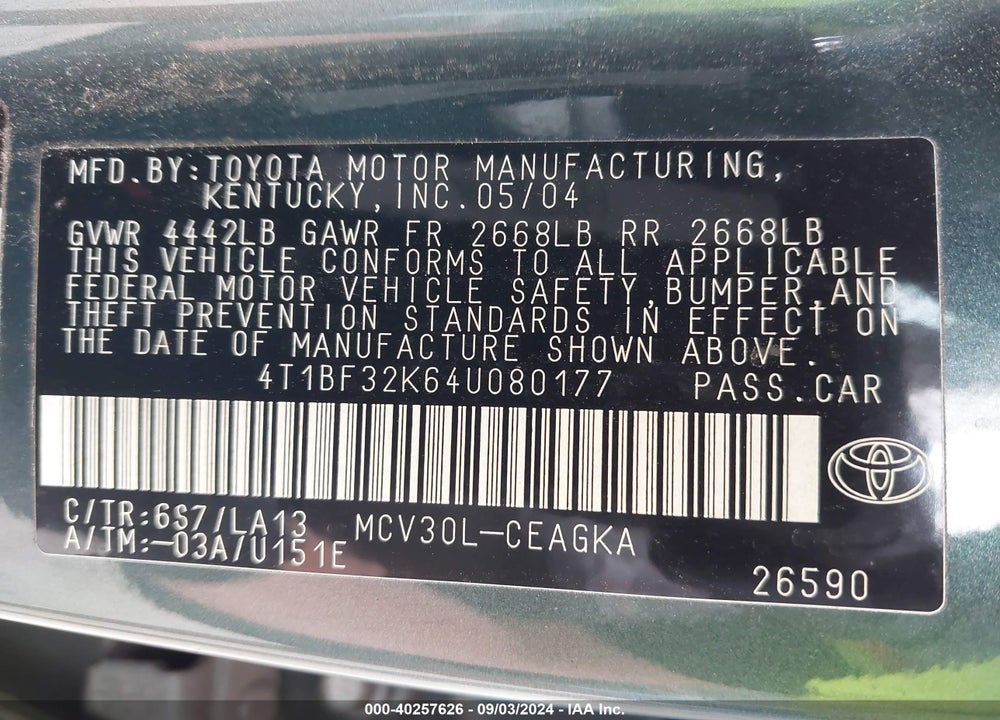 2004 TOYOTA CAMRY XLE V6 VIN: 4T1BF32K64U080177