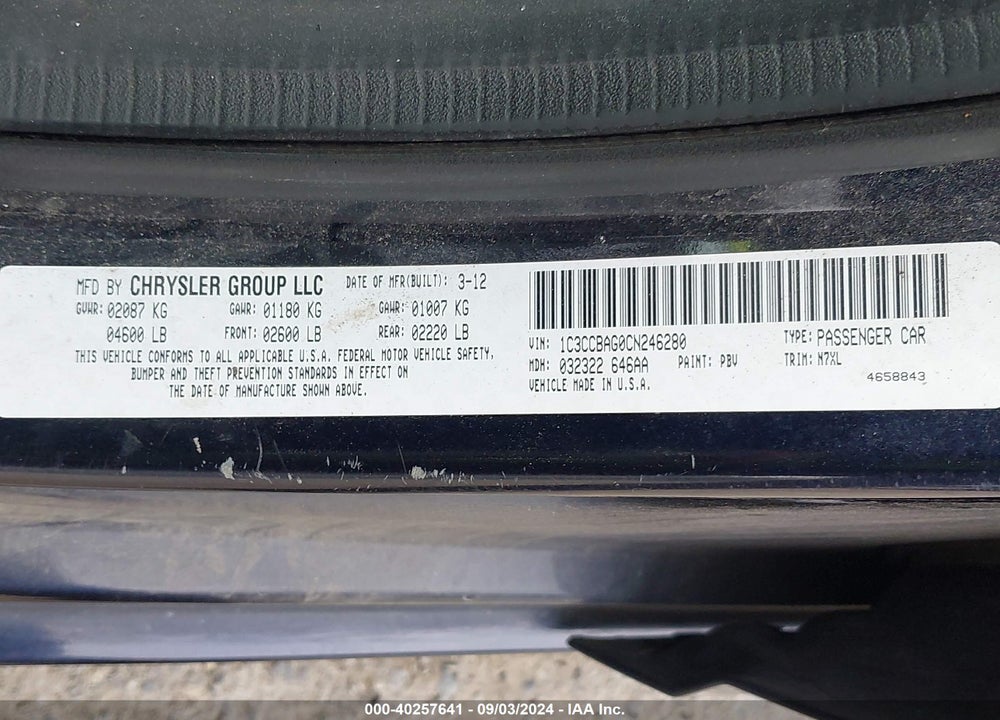2012 CHRYSLER 200 LX VIN: 1C3CCBAG0CN246280