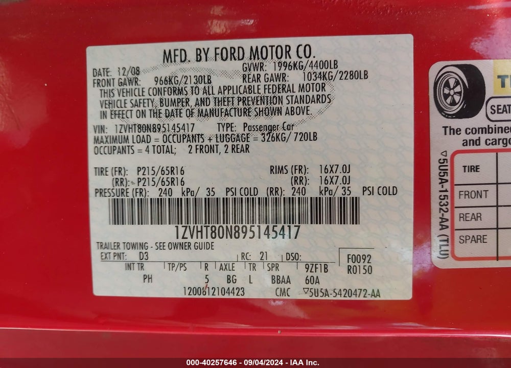 2009 FORD MUSTANG V6/V6 PREMIUM VIN: 1ZVHT80N895145417