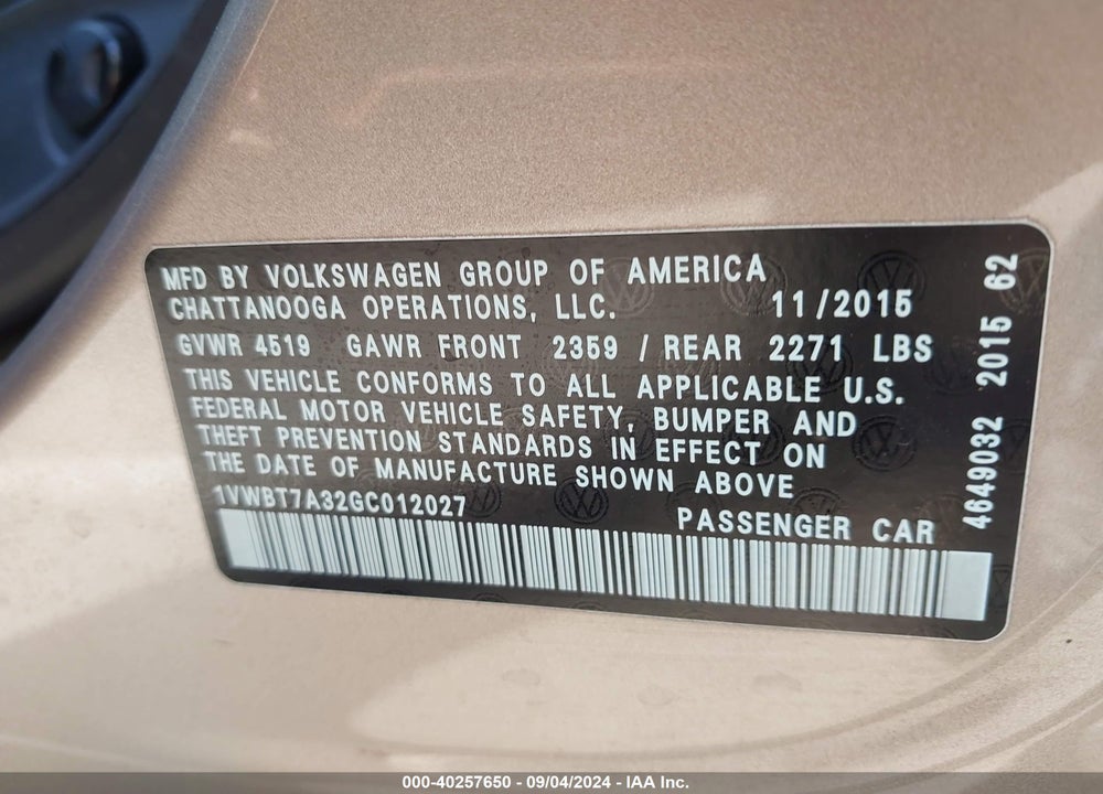 2016 VOLKSWAGEN PASSAT 1.8T SE VIN: 1VWBT7A32GC012027