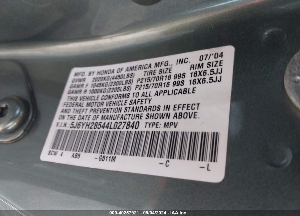2004 HONDA ELEMENT EX VIN: 5J6YH28544L027840