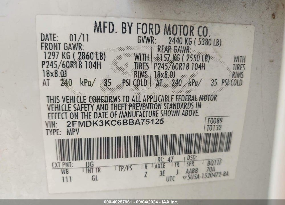 2011 FORD EDGE LIMITED VIN: 2FMDK3KC6BBA75125