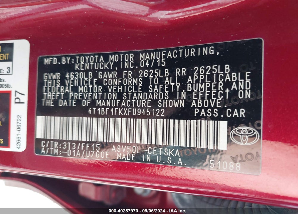 2015 TOYOTA CAMRY SE VIN: 4T1BF1FKXFU945122