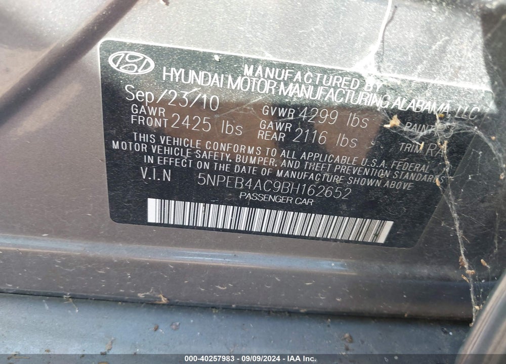 2011 HYUNDAI SONATA GLS VIN: 5NPEB4AC9BH162652