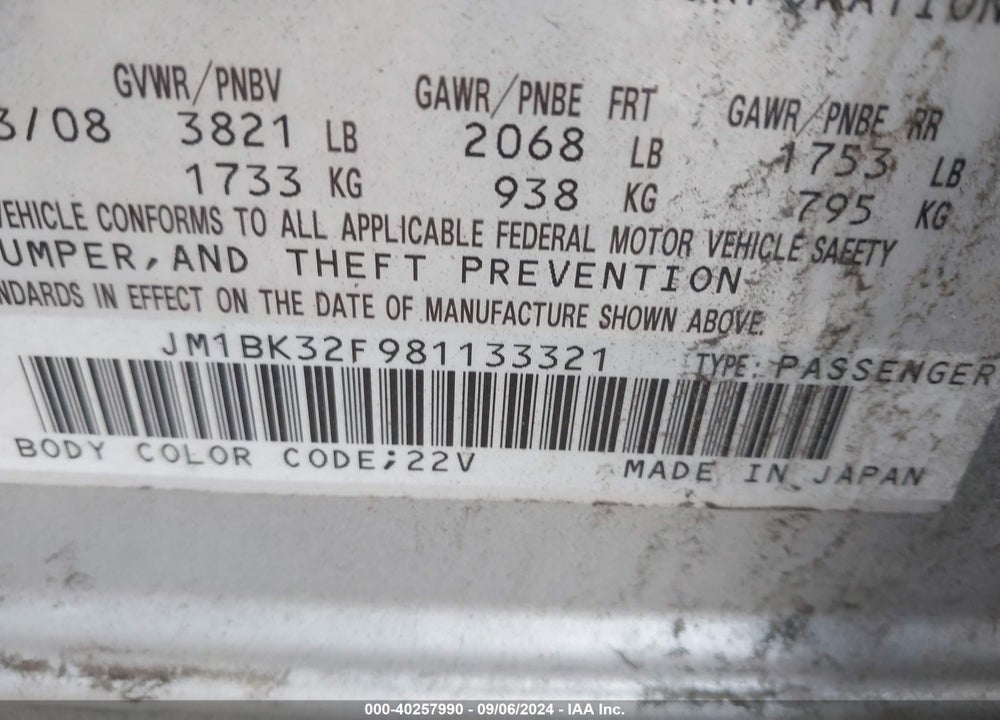 2008 MAZDA 3 I TOURING VALUE VIN: JM1BK32F981133321