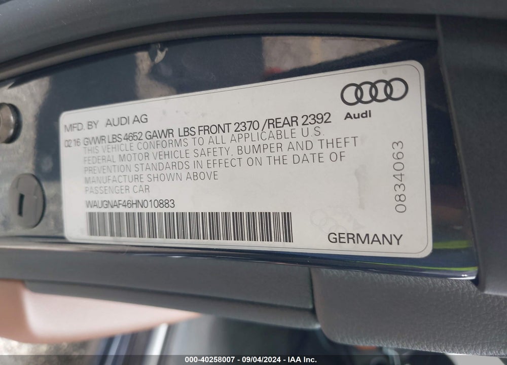 2017 AUDI A4 2.0T PREMIUM VIN: WAUGNAF46HN010883