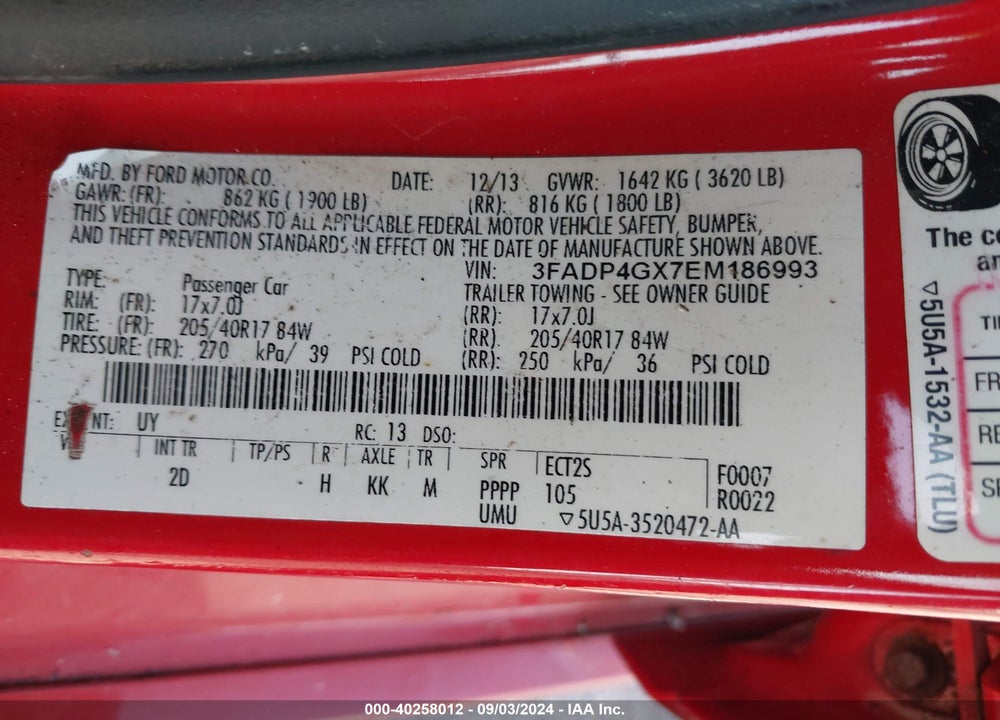 2014 FORD FIESTA ST VIN: 3FADP4GX7EM186993