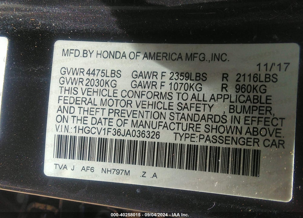 2018 HONDA ACCORD SPORT VIN: 1HGCV1F36JA036326
