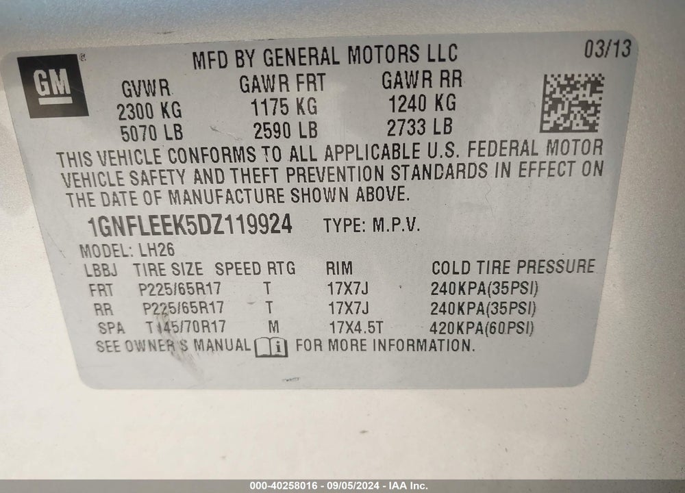 2013 CHEVROLET EQUINOX 1LT VIN: 1GNFLEEK5DZ119924